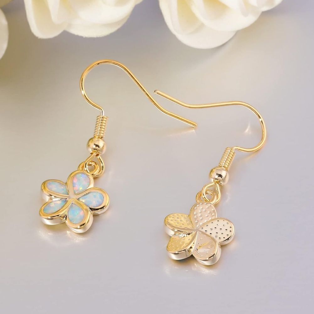 18K Yellow Gold with Genuine White Fire Opal Dangling Flower Drop Hook Earrings - Picture 4 of 5
